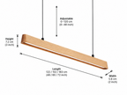 Dimension guide of UNIKAA modern linear wood pendant light for dining room with adjustable hanging cable and size options