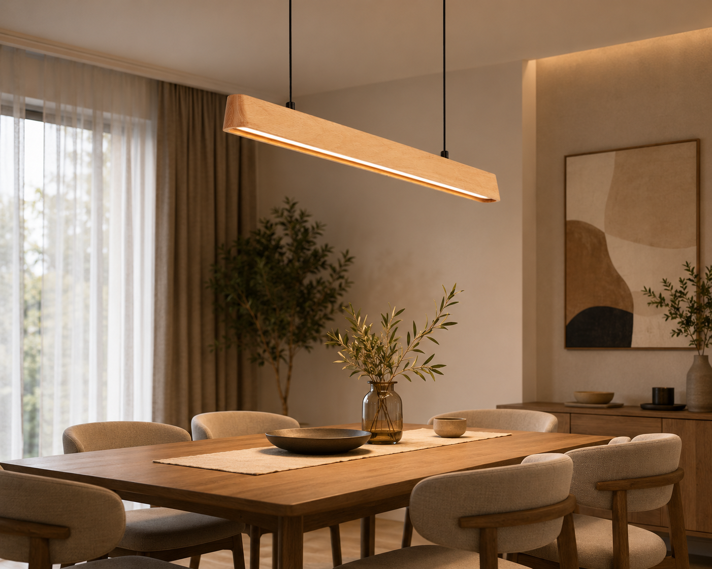 UNIKAA modern linear wood pendant light for dining room installed above dining table in a warm modern interior
