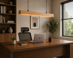 UNIKAA modern linear wood pendant light for dining room used in a modern office desk workspace setup