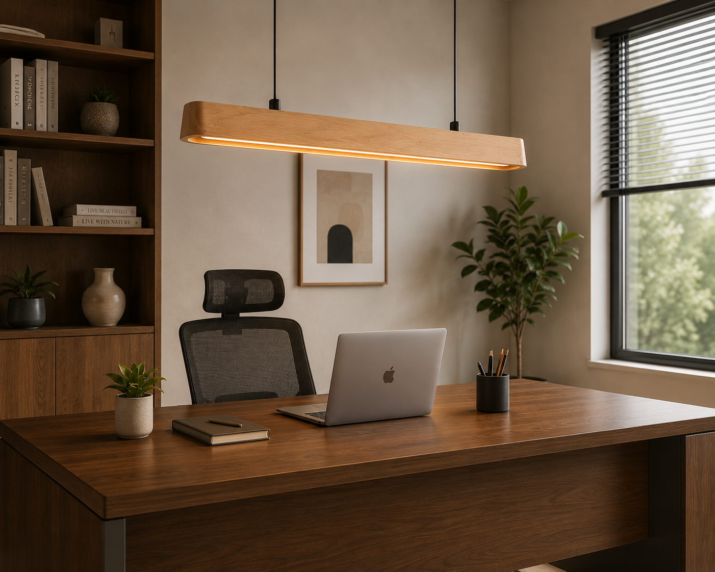 UNIKAA modern linear wood pendant light for dining room used in a modern office desk workspace setup