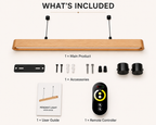 Package contents of UNIKAA modern linear wood pendant light for dining room including remote accessories and installation kit