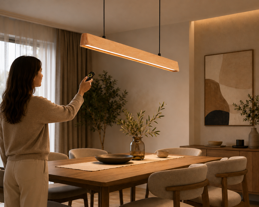 Person operating UNIKAA modern linear wood pendant light for dining room using remote control for lighting adjustment