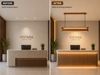 Before and after view of UNIKAA modern linear wood pendant light for reception counter showing enhanced ambience