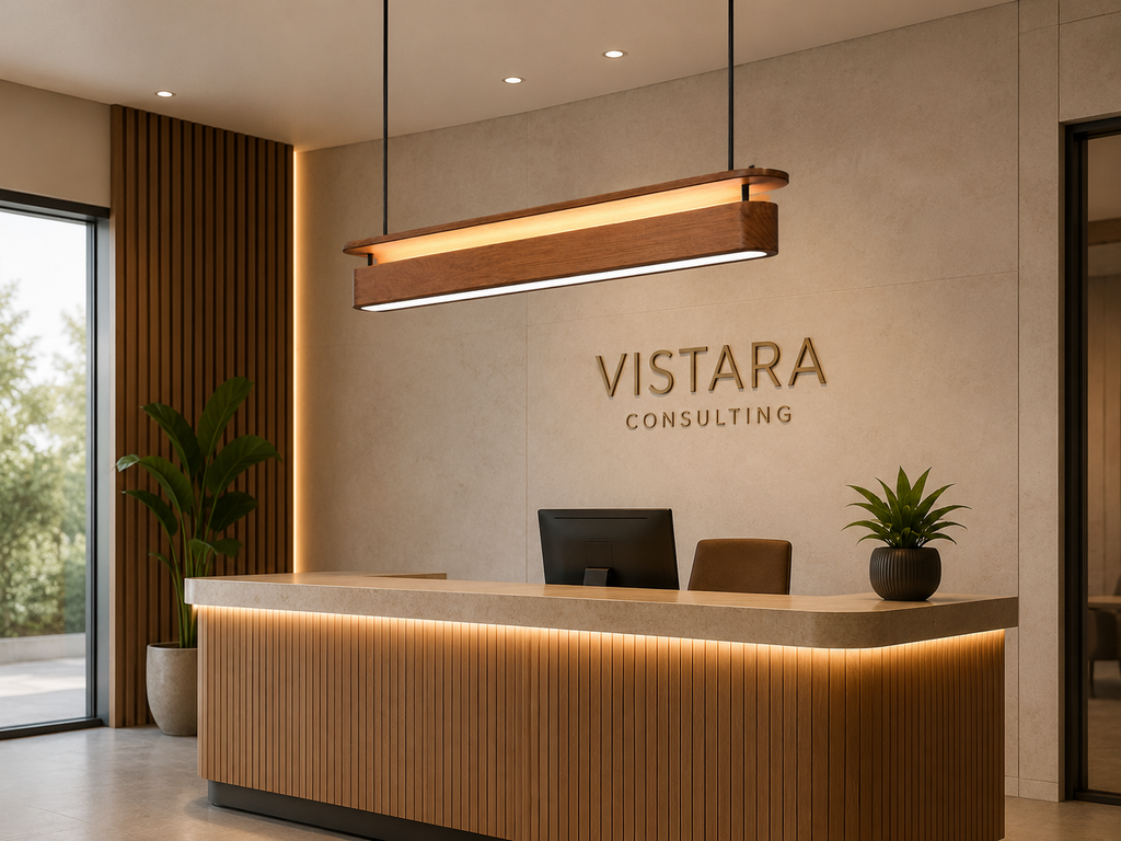UNIKAA modern linear wood pendant light for reception counter in modern office lobby interior