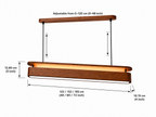 Dimensions and adjustable hanging details of UNIKAA modern linear wood pendant light for reception counter