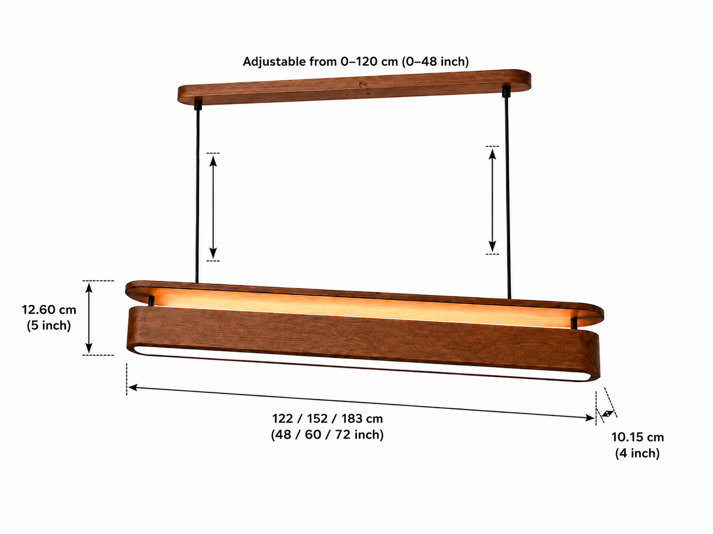 Dimensions and adjustable hanging details of UNIKAA modern linear wood pendant light for reception counter