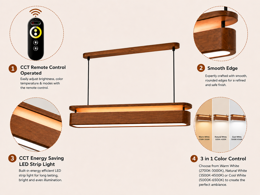 Features of UNIKAA modern linear wood pendant light for reception counter with remote control and adjustable color temperature