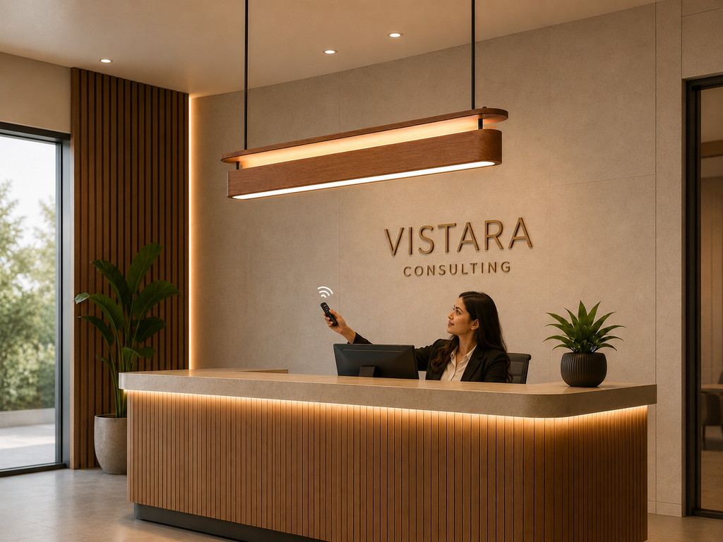 UNIKAA modern linear wood pendant light for reception counter in contemporary office reception area