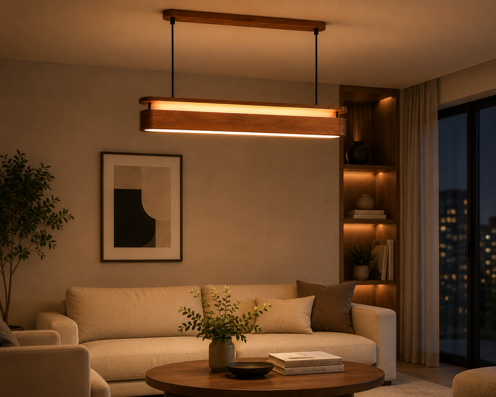 UNIKAA modern linear wood pendant light styled in living room with warm ambient lighting