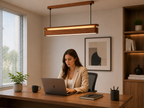 UNIKAA modern linear wood pendant light installed above office desk workspace