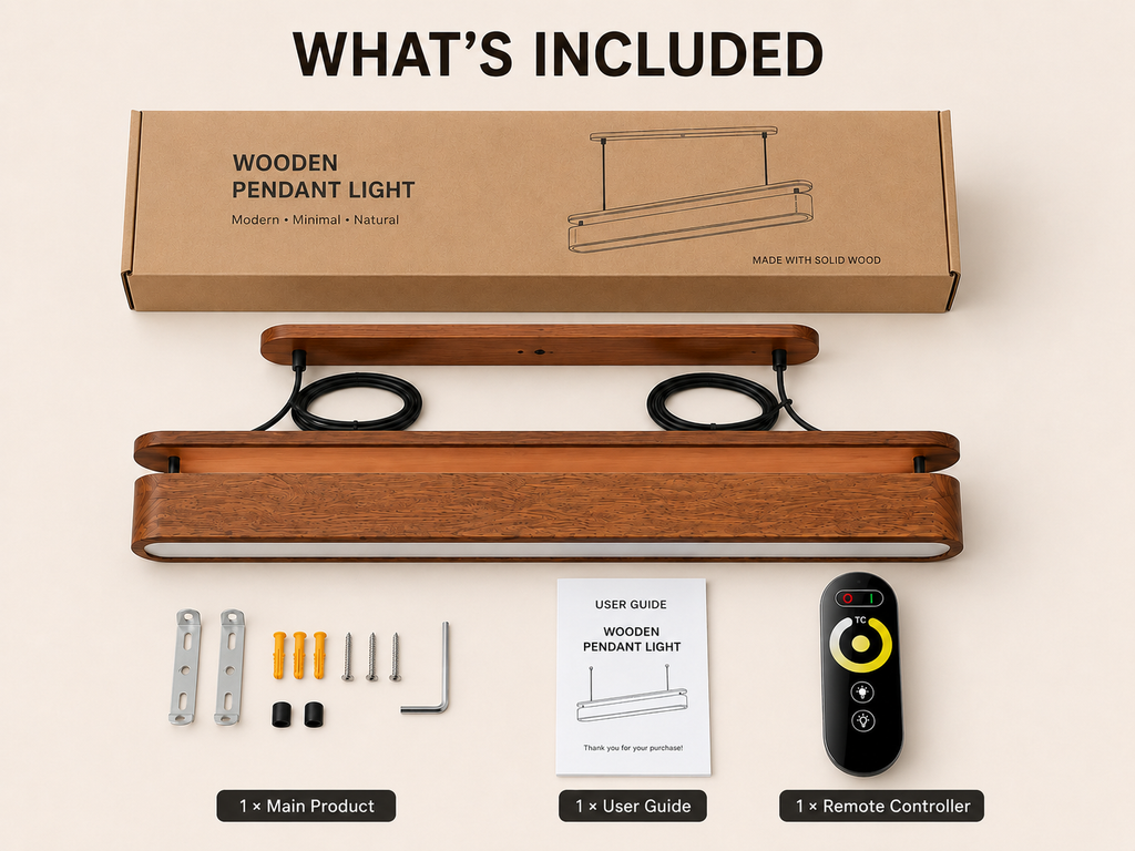Package contents of UNIKAA modern linear wood pendant light including remote and installation accessories