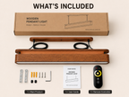Package contents of UNIKAA modern linear wood pendant light including remote and installation accessories
