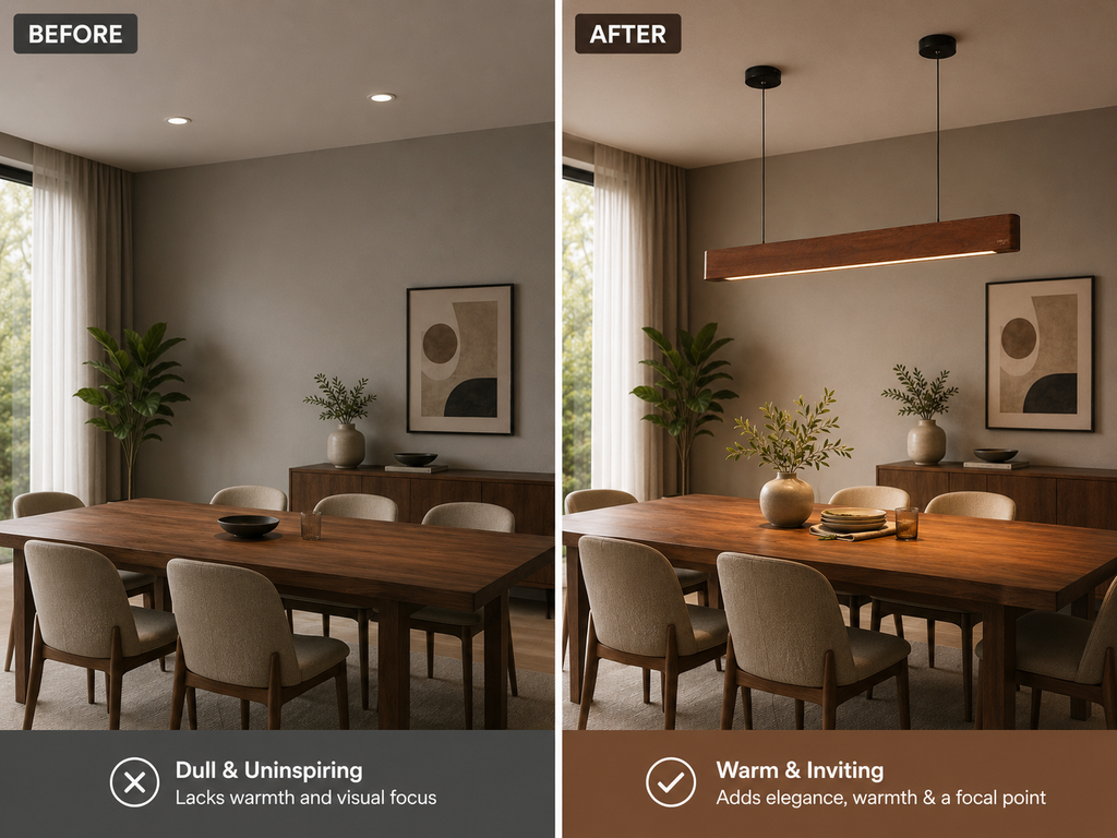 Before and after comparison showing UNIKAA Modern Linear Wooden Pendant Light creating warm and inviting conference room ambiance