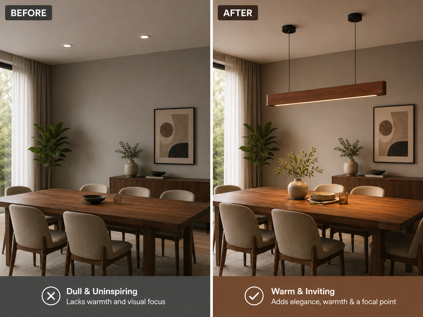 Before and after comparison showing UNIKAA Modern Linear Wooden Pendant Light creating warm and inviting conference room ambiance