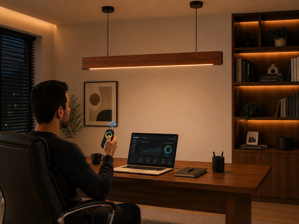 UNIKAA Modern Linear Wooden Pendant Light for Conference Room with warm LED glow in evening interior setting
