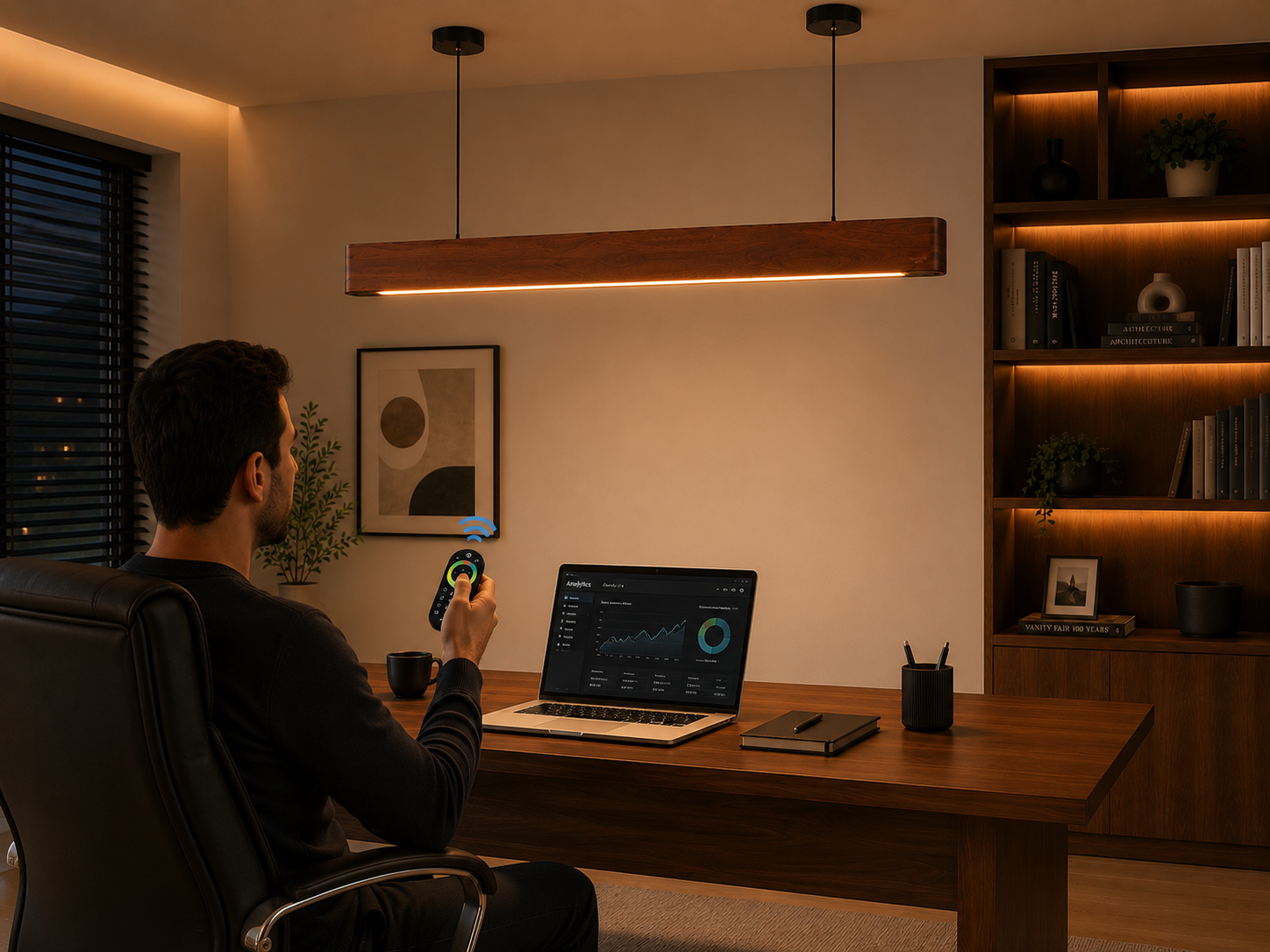 UNIKAA Modern Linear Wooden Pendant Light for Conference Room with warm LED glow in evening interior setting