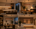 UNIKAA Modern Linear Wooden Pendant Light for Conference Room showcased in multiple applications including kitchen island dining area office desk and reception counter
