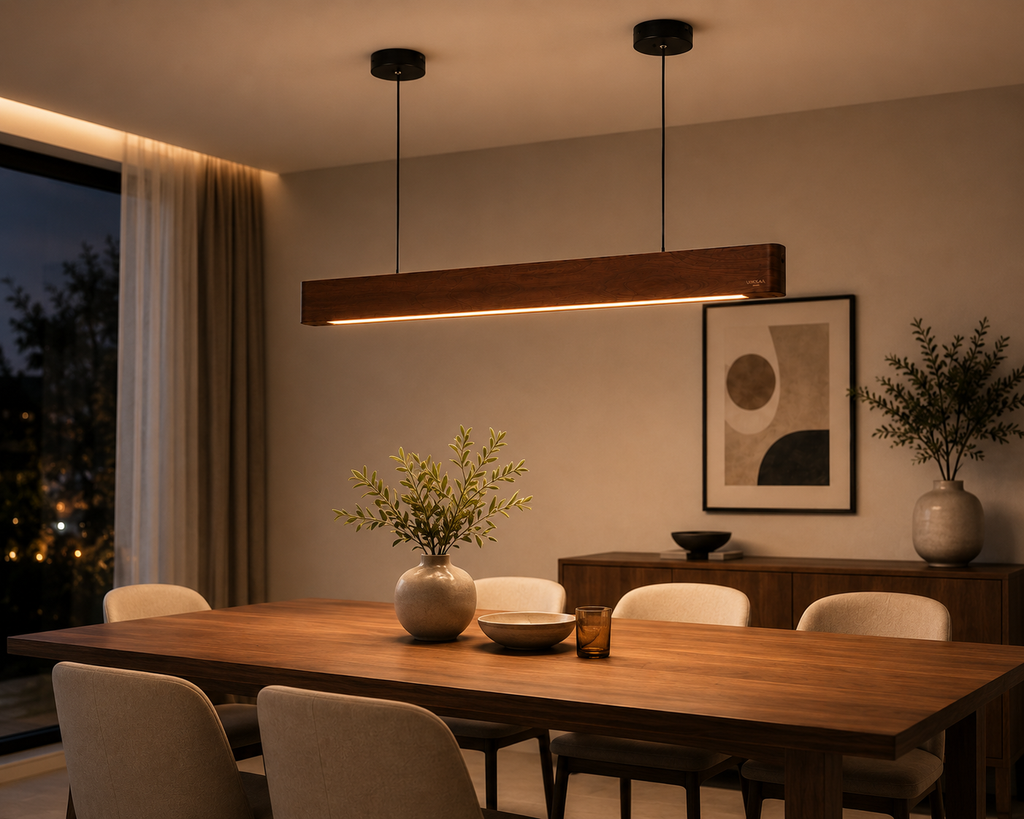 UNIKAA Modern Linear Wooden Pendant Light for Conference Room creating warm ambient lighting in modern interior at night