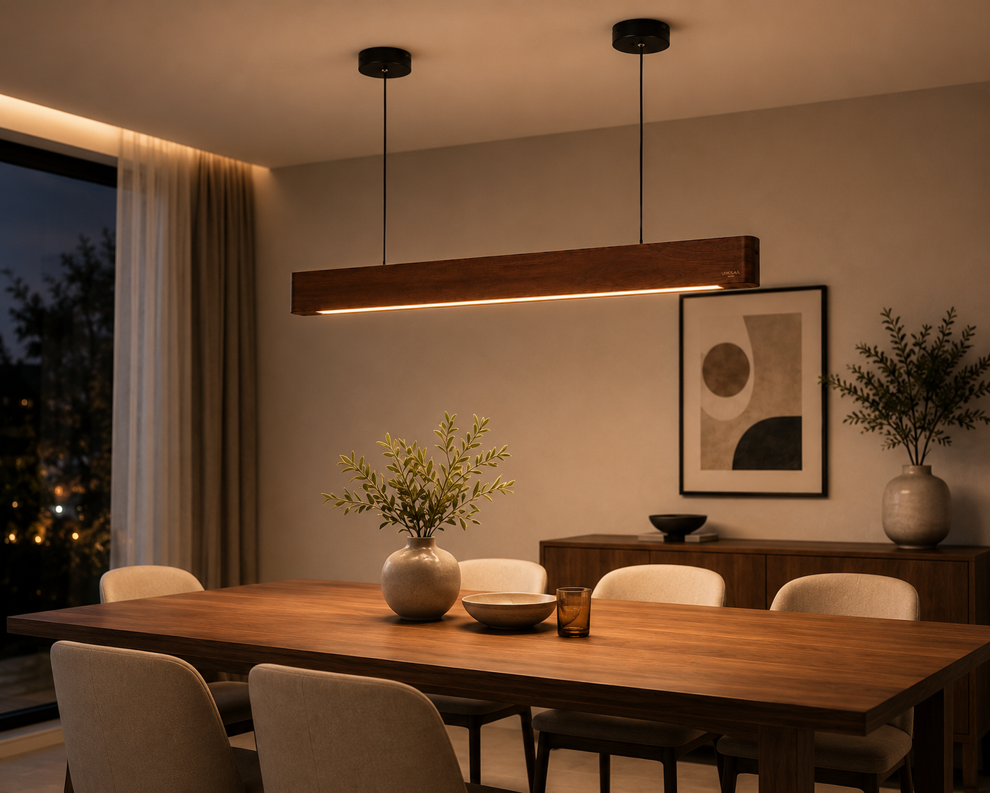 UNIKAA Modern Linear Wooden Pendant Light for Conference Room creating warm ambient lighting in modern interior at night