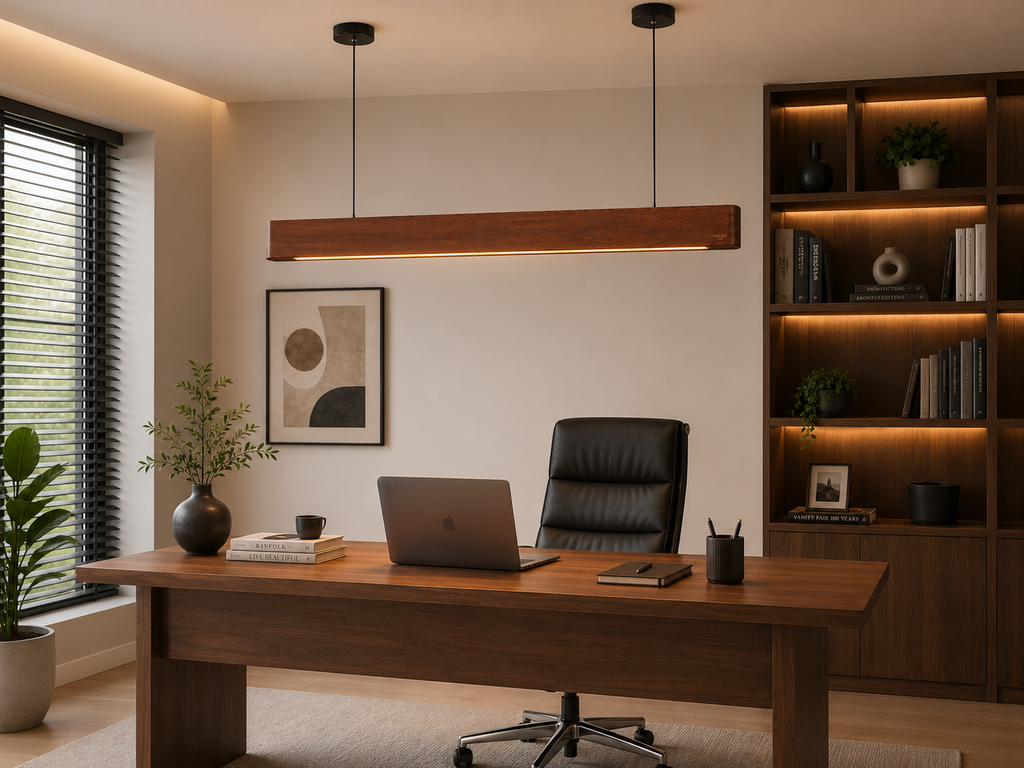 UNIKAA Modern Linear Wooden Pendant Light for Conference Room installed above executive office desk