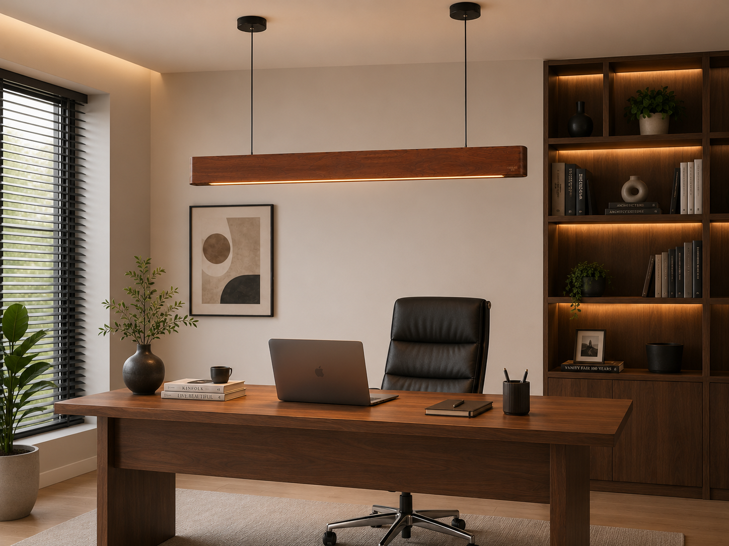 UNIKAA Modern Linear Wooden Pendant Light for Conference Room installed above executive office desk