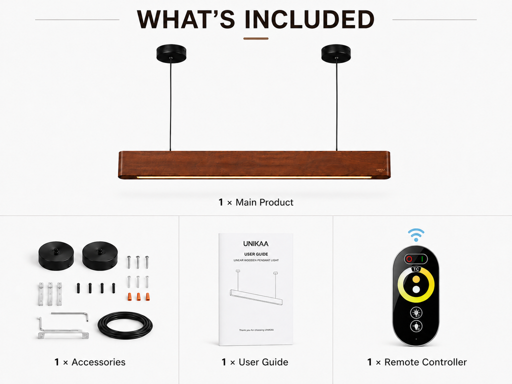 UNIKAA Modern Linear Wooden Pendant Light for Conference Room package contents with accessories remote and installation kit