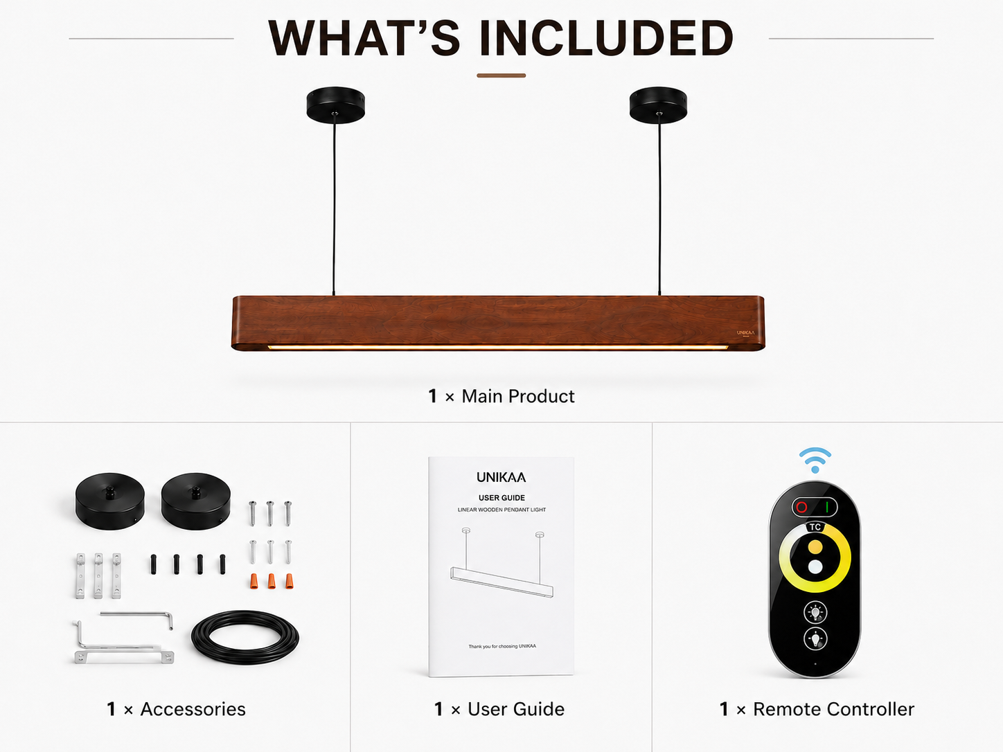 UNIKAA Modern Linear Wooden Pendant Light for Conference Room package contents with accessories remote and installation kit