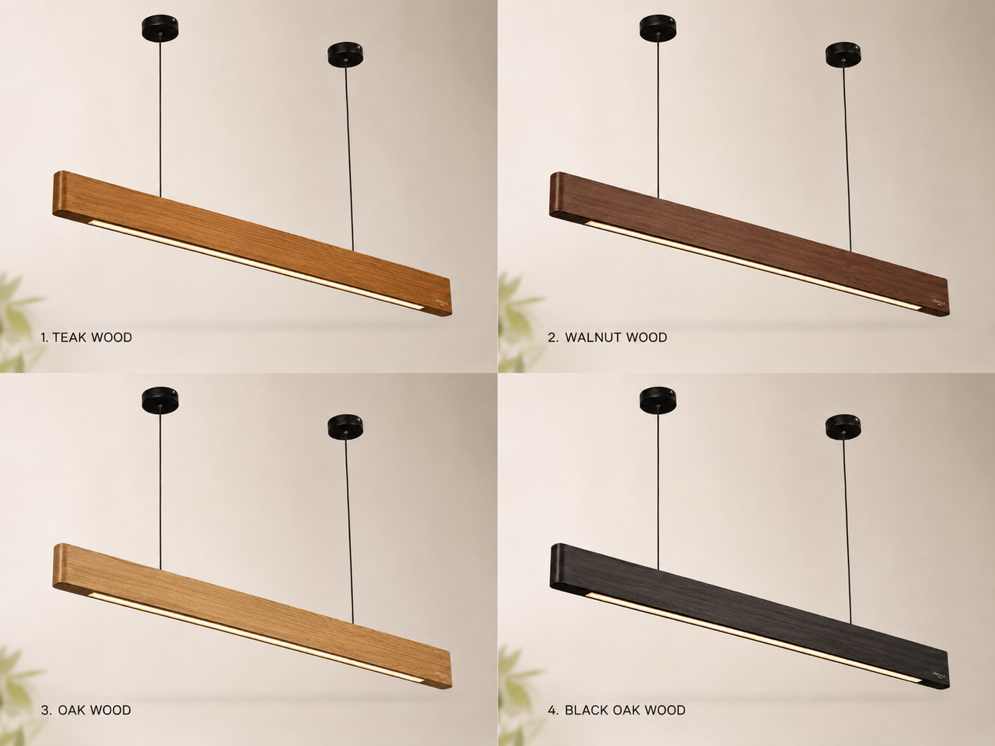 UNIKAA Modern Linear Wooden Pendant Light for Conference Room available in teak walnut oak and black oak finishes