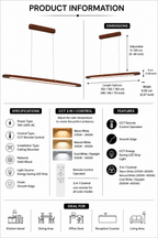 UNIKAA modern linear wooden pendant light for kitchen island with detailed specifications, dimensions, features, and installation information.