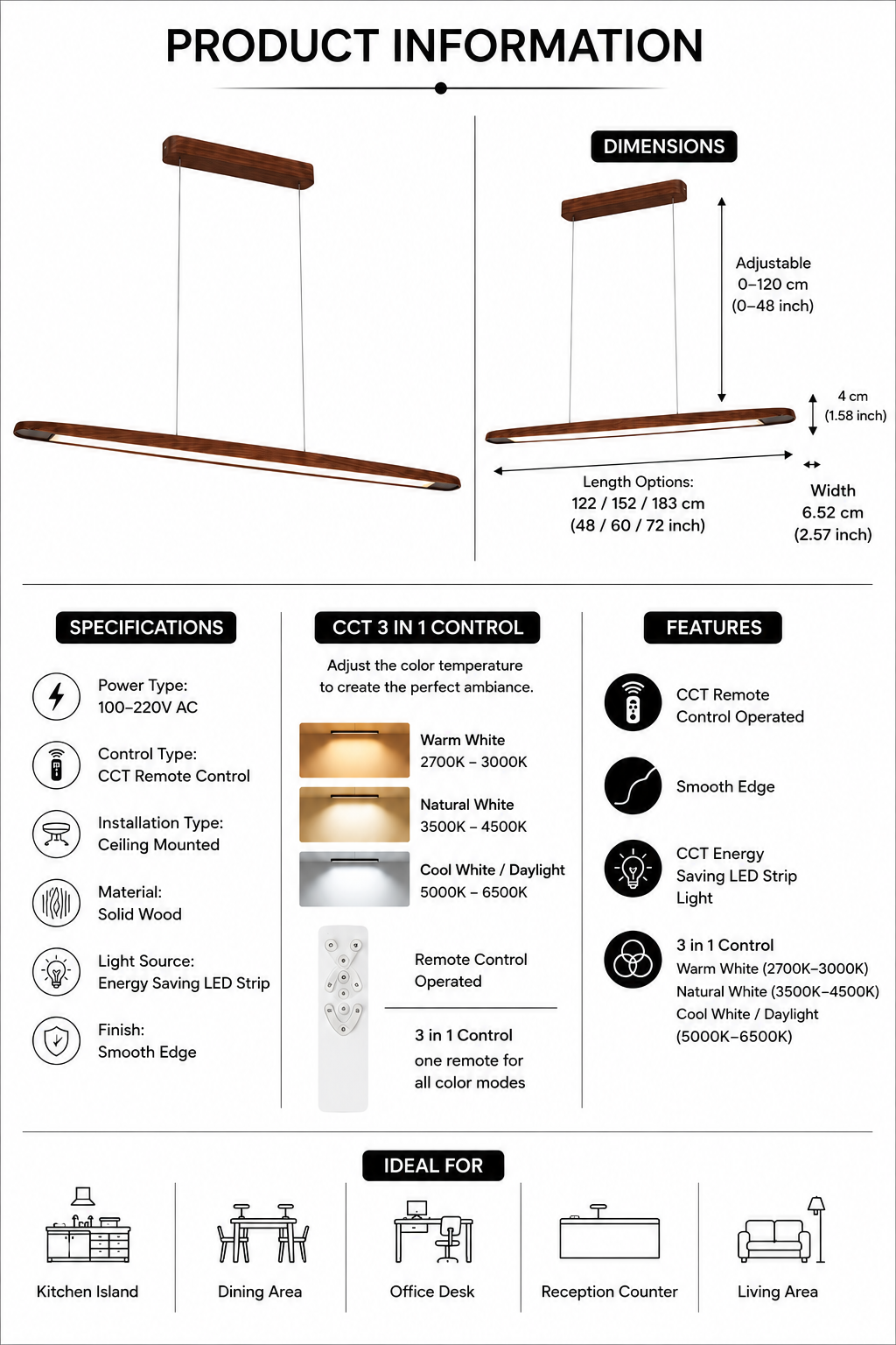 UNIKAA modern linear wooden pendant light for kitchen island with detailed specifications, dimensions, features, and installation information.