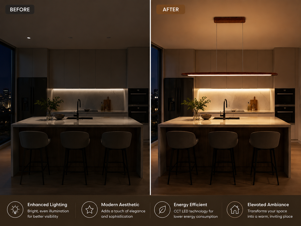 Before and after view of UNIKAA modern linear wood pendant light for kitchen island showing enhanced warm ambient lighting