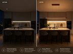 Before and after view of UNIKAA modern linear wood pendant light for kitchen island showing enhanced warm ambient lighting
