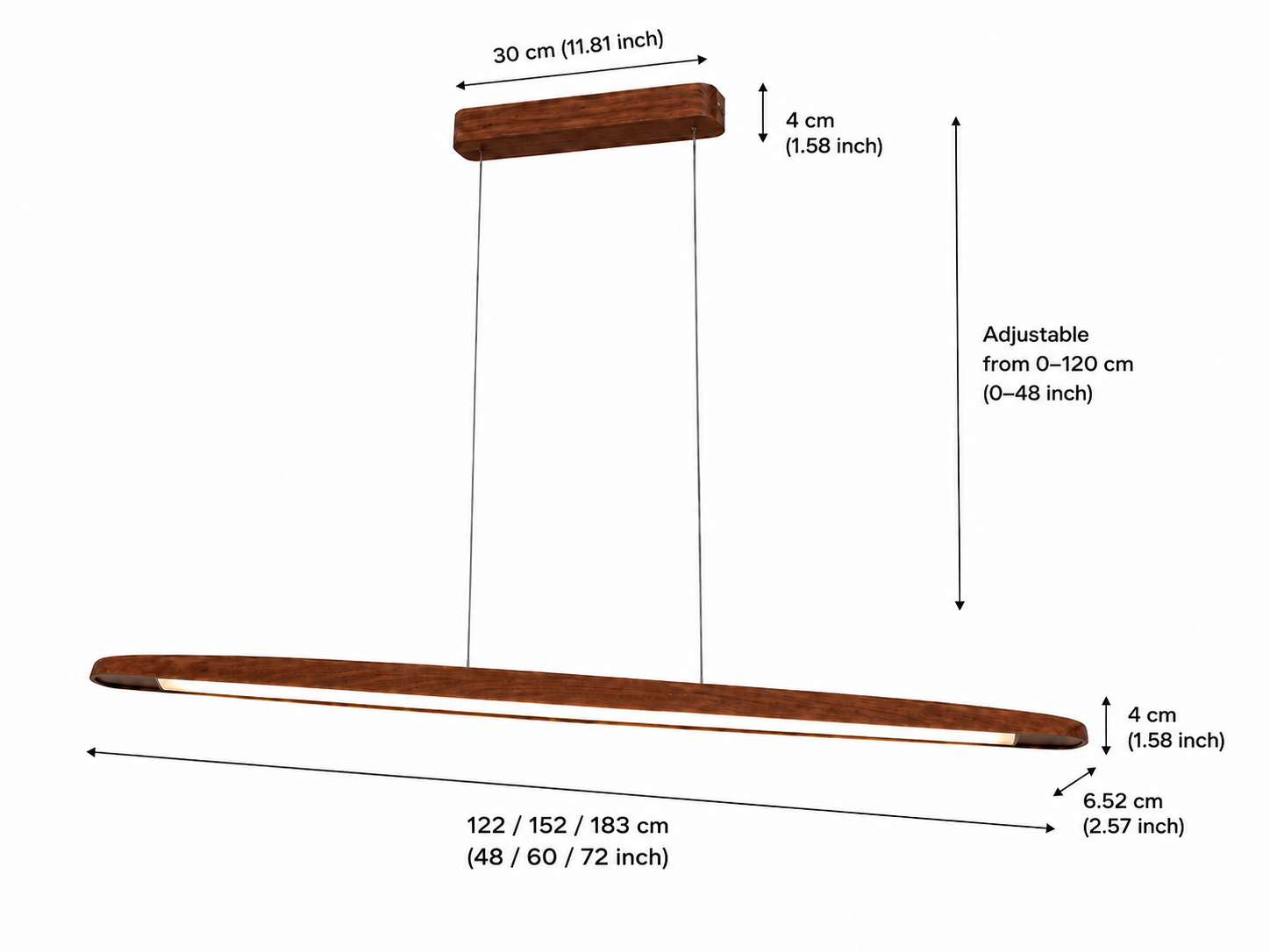 Measurement guide of UNIKAA modern linear wood pendant light for kitchen island with adjustable hanging height dimensions