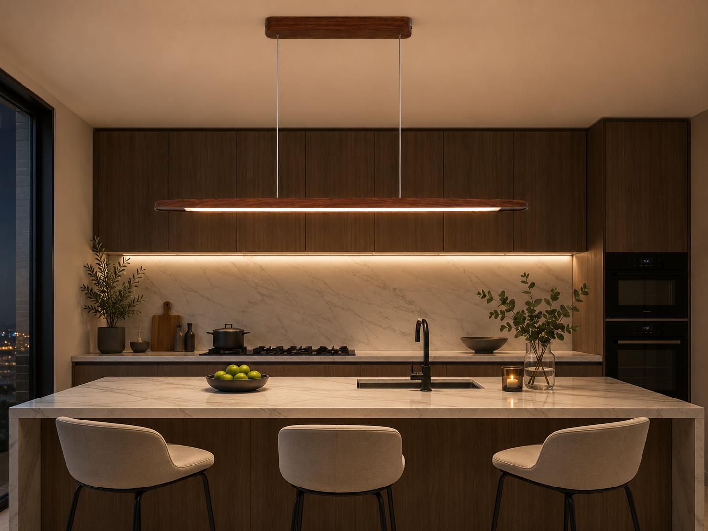 UNIKAA modern linear wood pendant light for kitchen island illuminating luxury modern kitchen at night