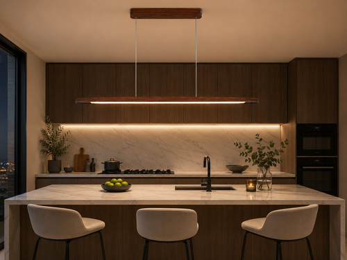 UNIKAA modern linear wood pendant light for kitchen island illuminating luxury modern kitchen at night