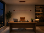 UNIKAA modern linear wood pendant light for kitchen island styled above modern office desk with warm ambient lighting