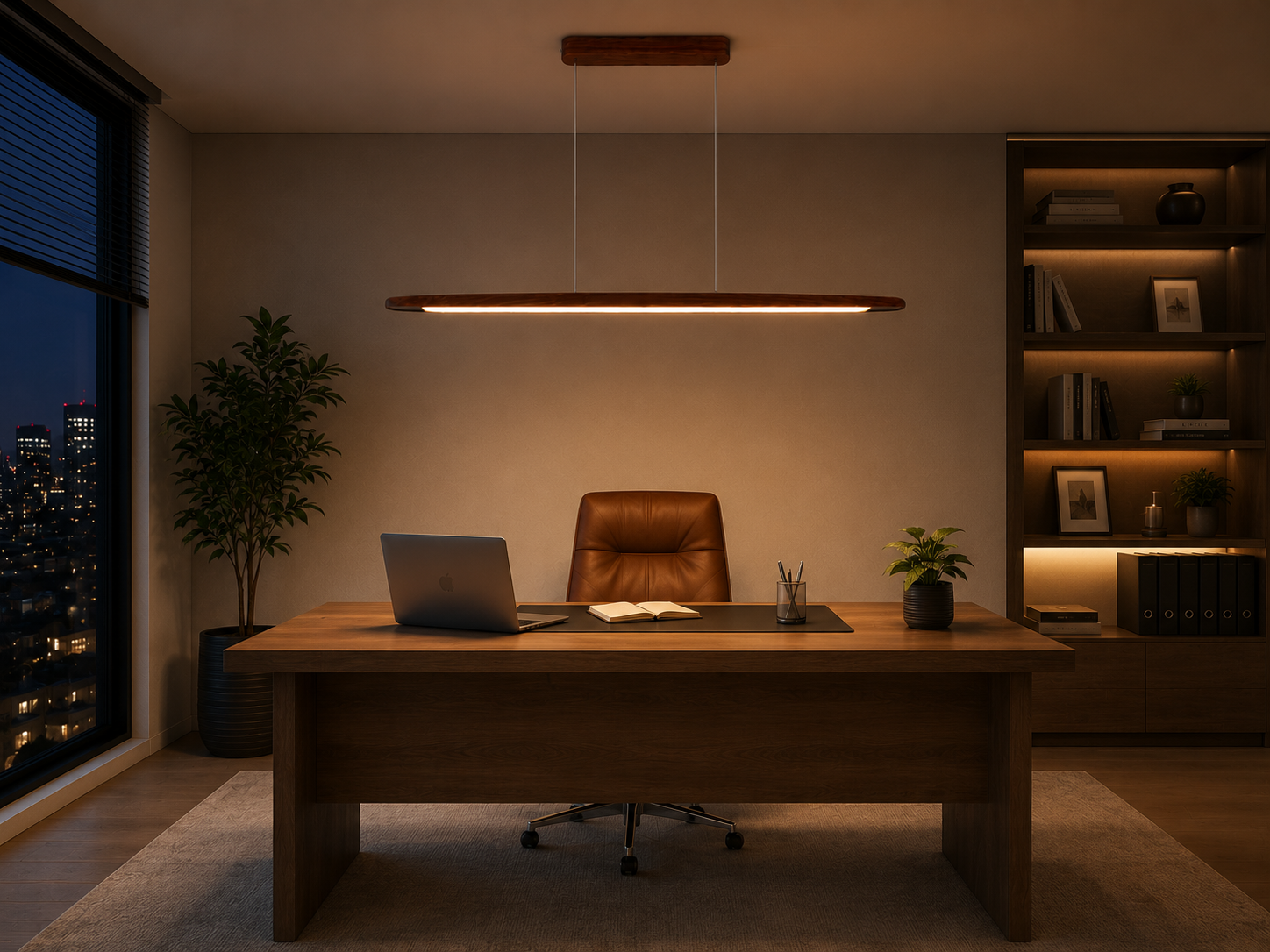 UNIKAA modern linear wood pendant light for kitchen island styled above modern office desk with warm ambient lighting