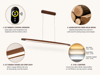 UNIKAA modern linear wooden pendant light for kitchen island showing remote control, solid wood material, LED strip lighting, and 3 in 1 CCT lighting modes.