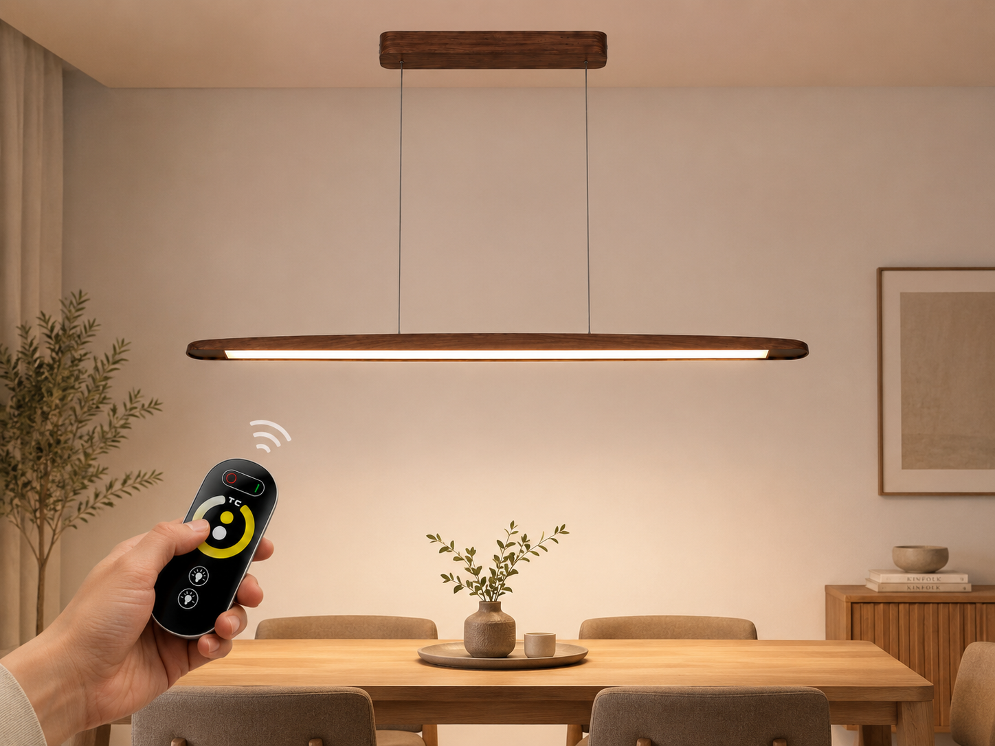UNIKAA modern linear wooden pendant light for kitchen island being controlled with remote in a modern dining room setup.