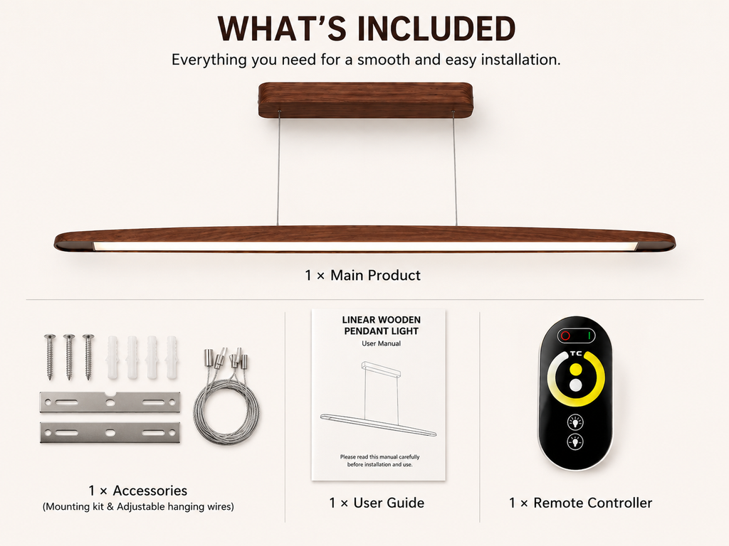 UNIKAA modern linear wooden pendant light for kitchen island with included accessories, remote controller, mounting kit, and user guide.