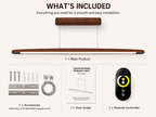 UNIKAA modern linear wooden pendant light for kitchen island with included accessories, remote controller, mounting kit, and user guide.