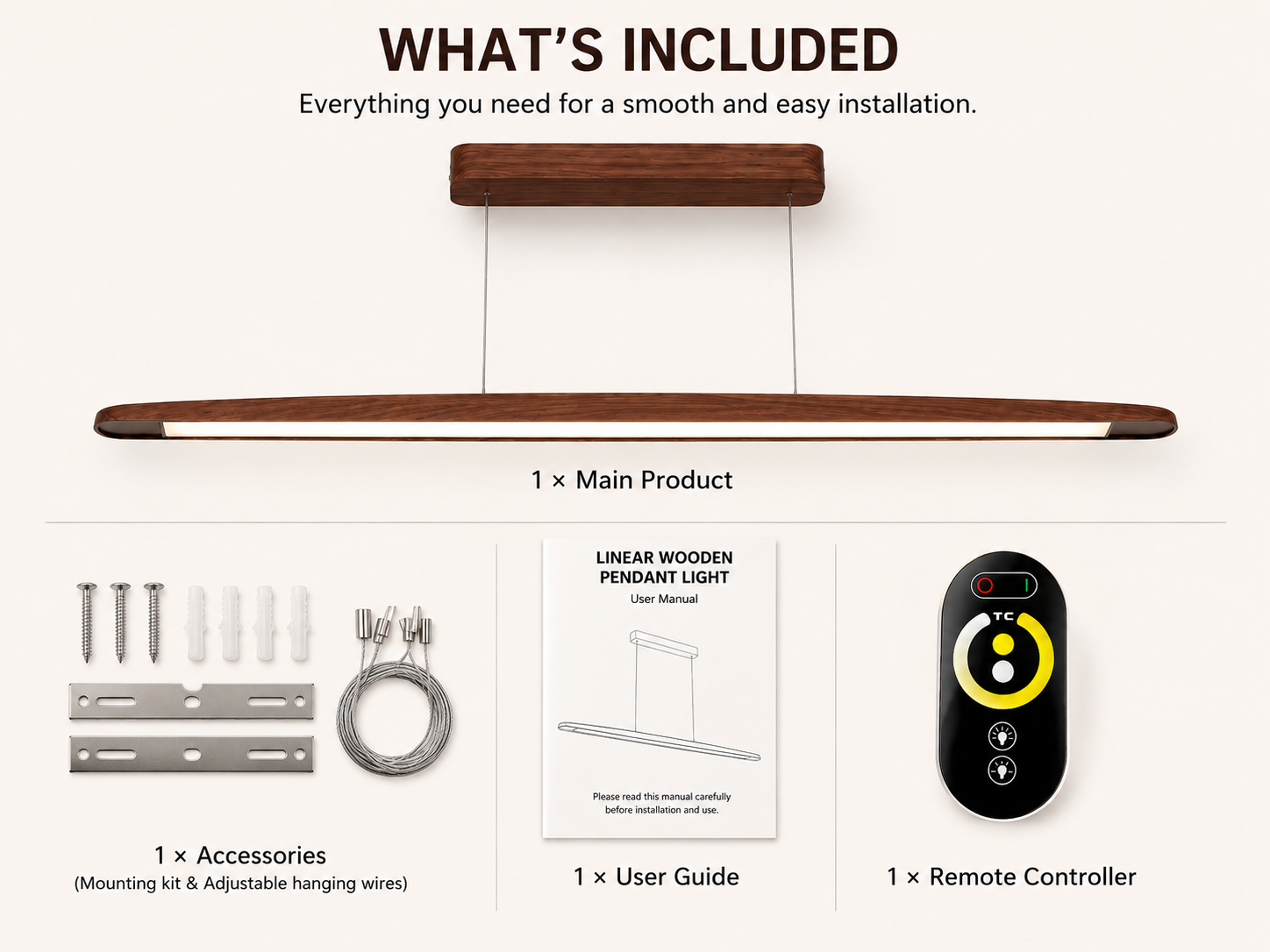 UNIKAA modern linear wooden pendant light for kitchen island with included accessories, remote controller, mounting kit, and user guide.