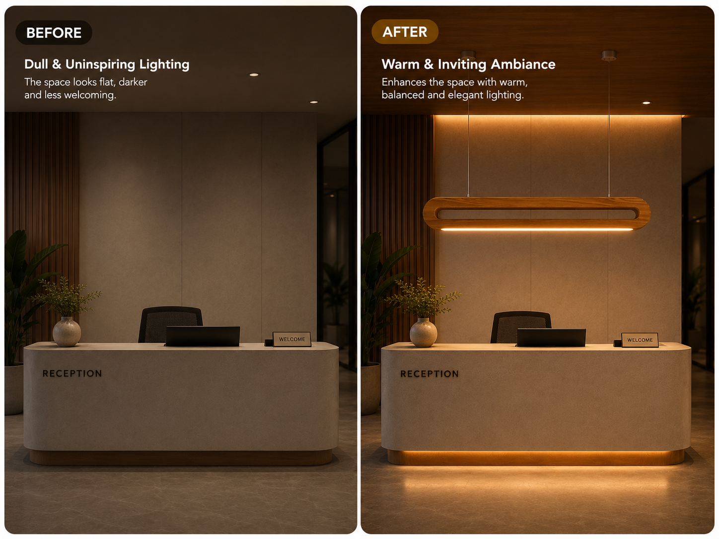 Before and after transformation using UNIKAA Modern Linear Wooden Pendant Light for Sloped Ceiling creating warm and inviting illumination