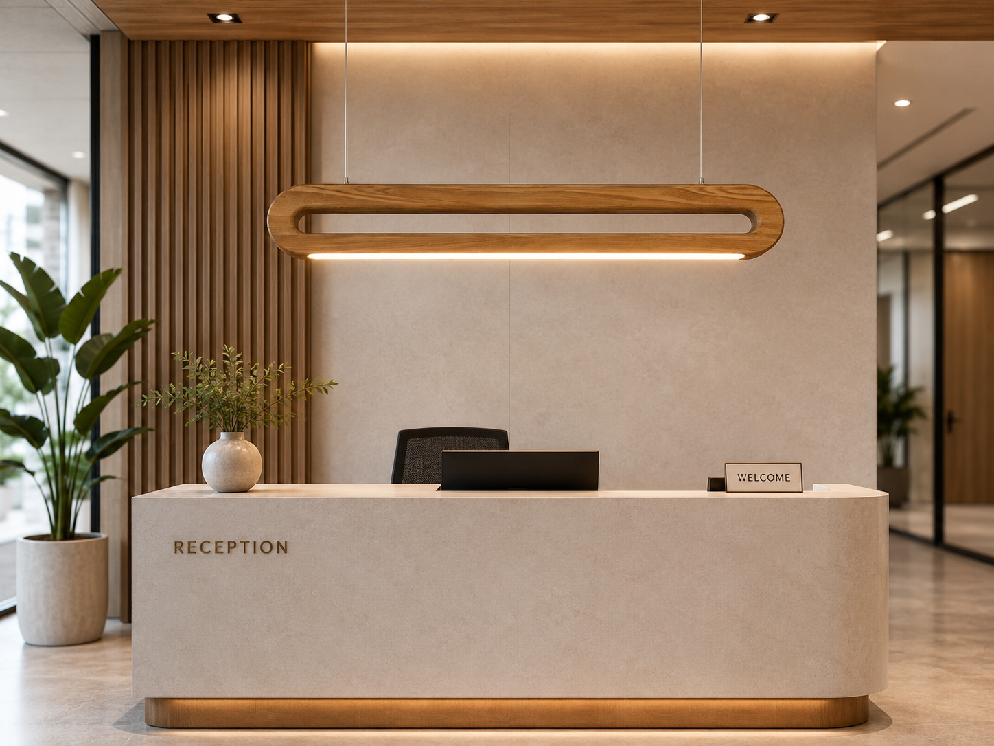 UNIKAA Modern Linear Wooden Pendant Light for Sloped Ceiling displayed in a modern reception area during daylight
