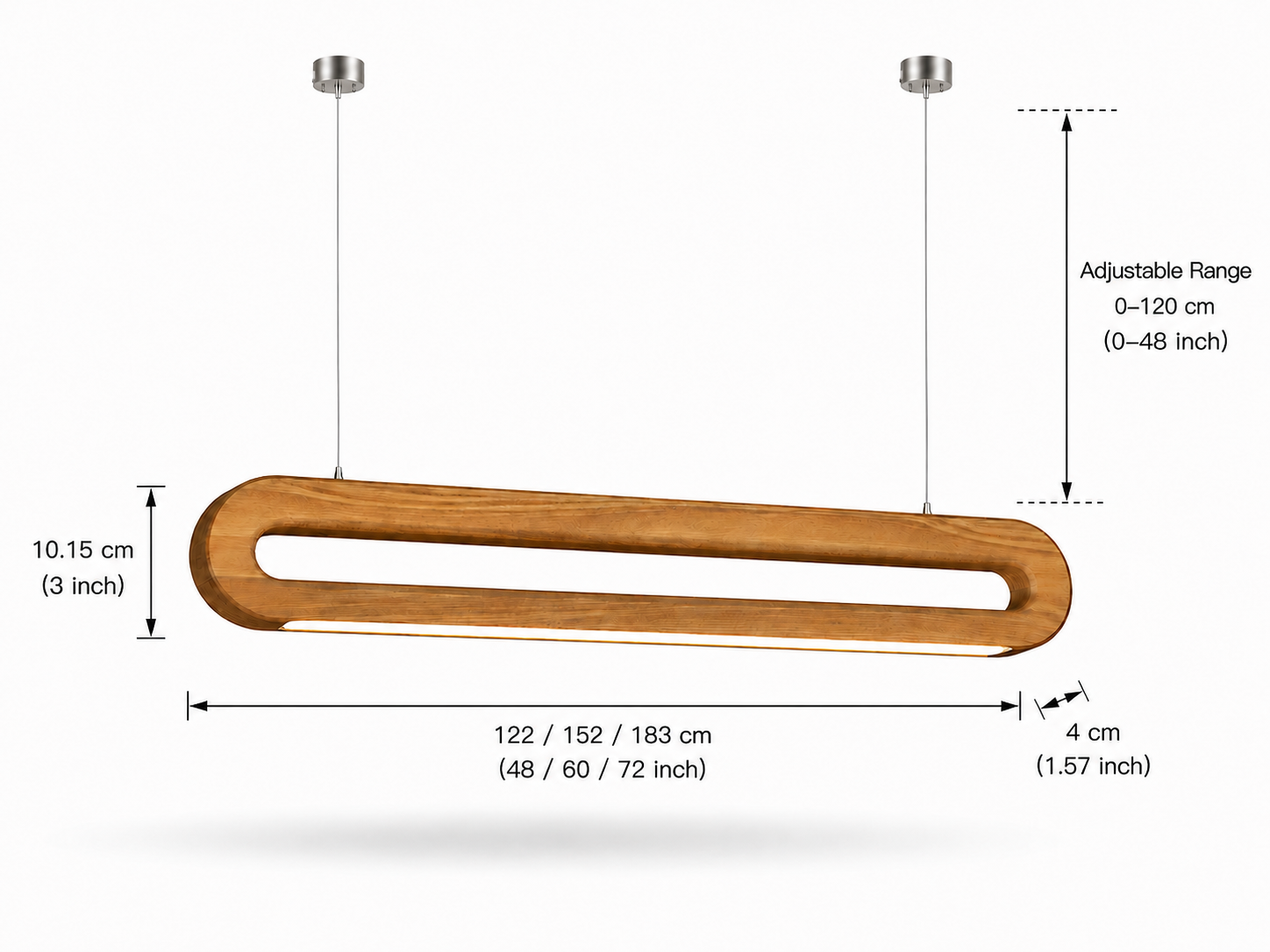 Dimensions and adjustable hanging details of UNIKAA Modern Linear Wooden Pendant Light for Sloped Ceiling