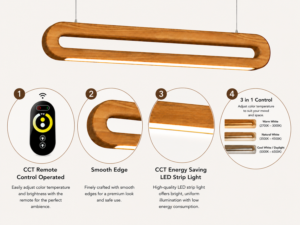 Features of UNIKAA Modern Linear Wooden Pendant Light for Sloped Ceiling with remote control and adjustable color temperature