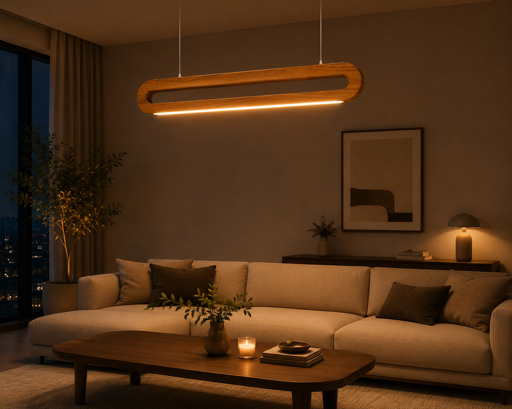 UNIKAA Modern Linear Wooden Pendant Light for Sloped Ceiling creating warm ambient lighting in a modern living room