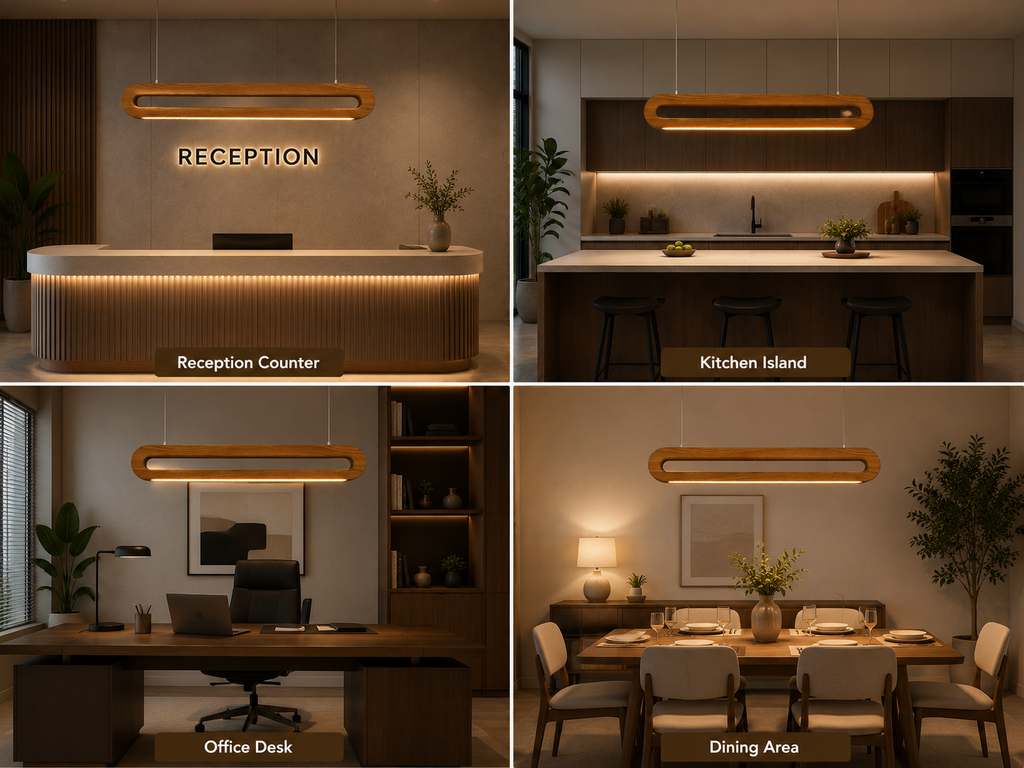 UNIKAA Modern Linear Wooden Pendant Light for Sloped Ceiling suitable for reception counter kitchen island office and dining room