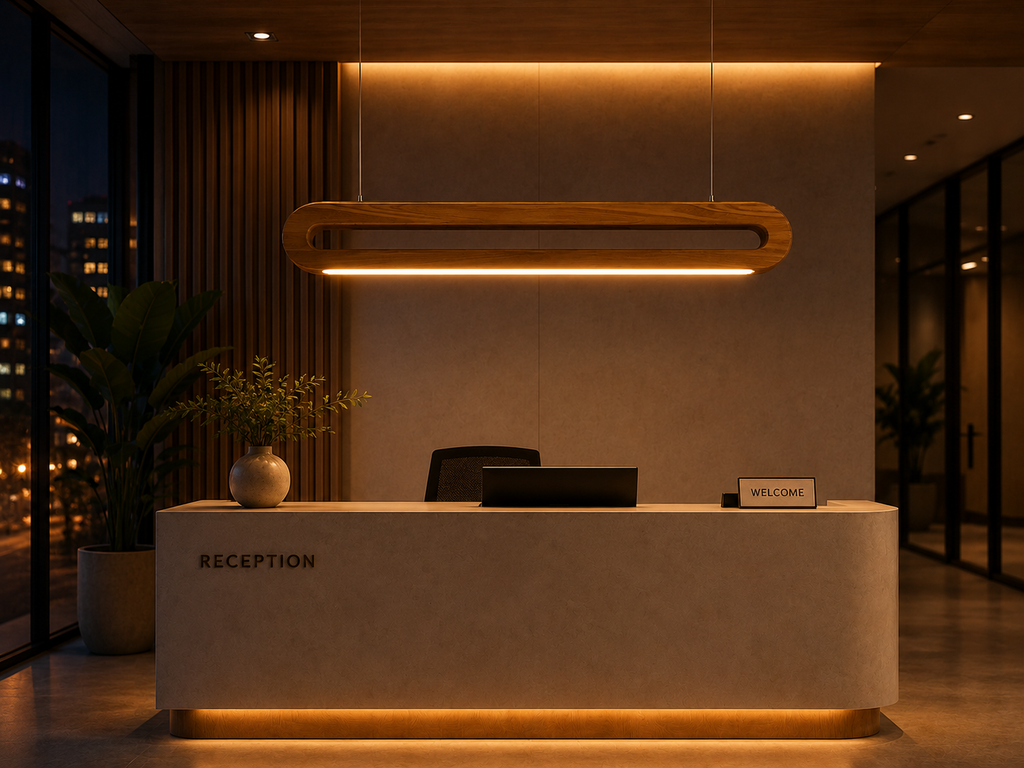 UNIKAA Modern Linear Wooden Pendant Light for Sloped Ceiling illuminating a modern reception space at night