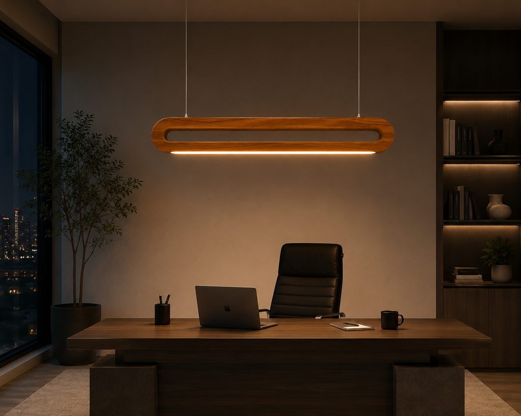 UNIKAA Modern Linear Wooden Pendant Light for Sloped Ceiling installed above a modern office desk workspace